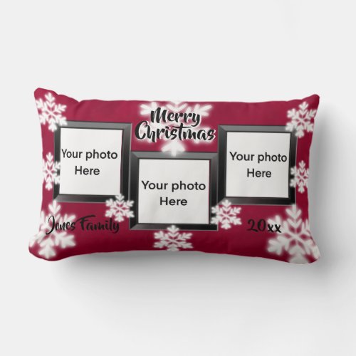 Personalize 3 photo holiday cheer snowflakes lumbar pillow