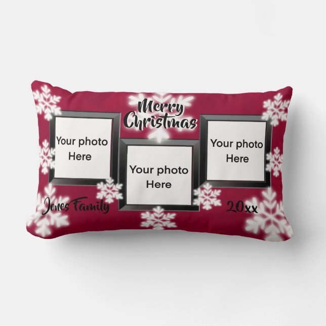 Personalize 3 photo holiday cheer snowflakes lumbar pillow (Front)