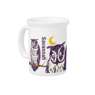 Personalize 3 Purple Owls Moon and Stars Drink Pitcher