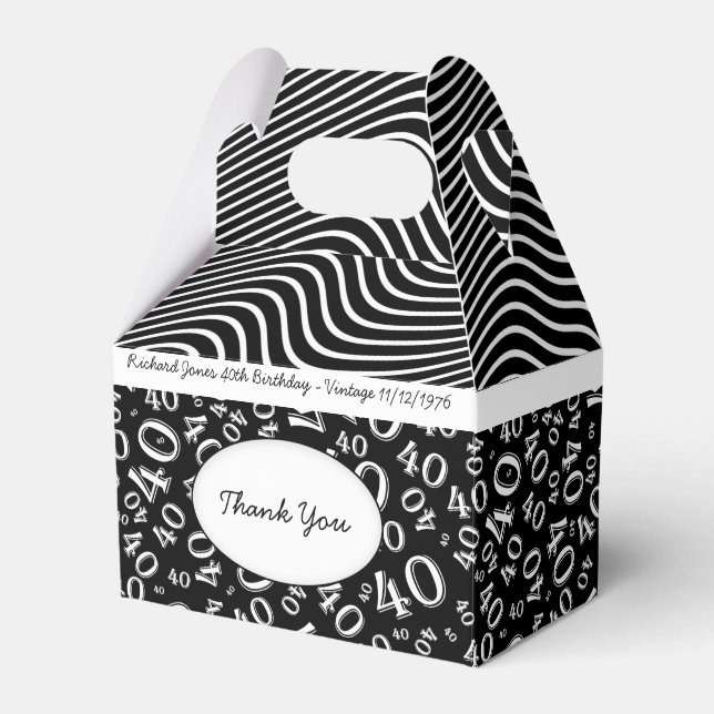 Personalize:  40th Birthday Black and White Theme Favor Boxes (Front Side)