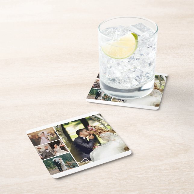 Personalize 4 Custom Photo Collage Square Paper Coaster (Insitu)