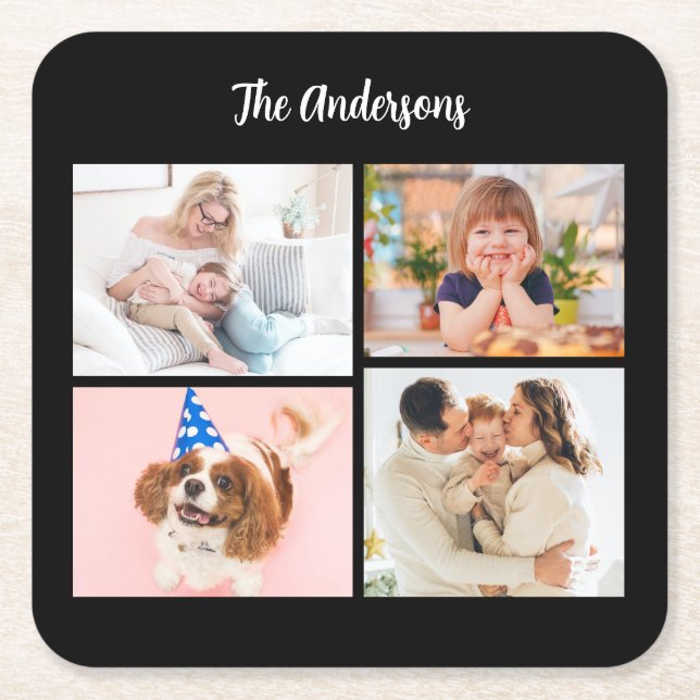 Personalize 4 Family Photos & Name on Black Square Paper Coaster (Front)