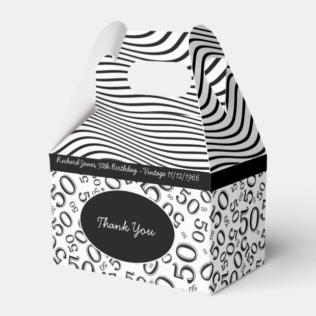 Personalize:  50th Birthday Black and White Theme Favor Boxes (Front Side)