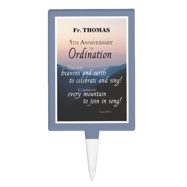 Personalize 5th Anniversary of Ordination Congrats Cake Topper (Front)