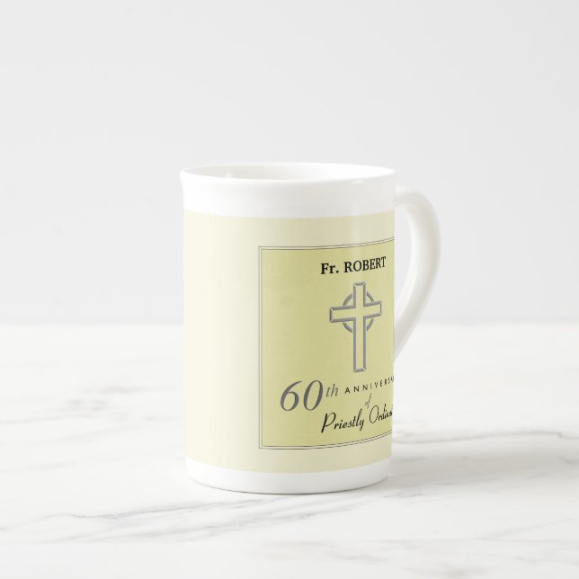 Personalize, 60th Anniversary of Priest Embossed Bone China Mug (Front Right)