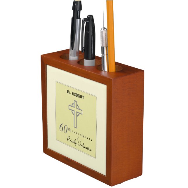 Personalize, 60th Anniversary of Priest Embossed Desk Organizer (In Situ)