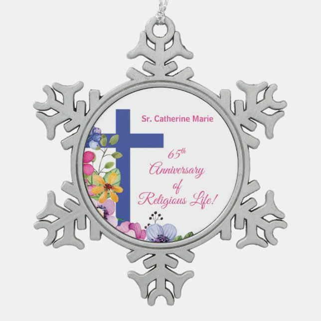 Personalize, 65th Anniversary Nun Religious Life Snowflake Pewter Christmas Ornament (Front)