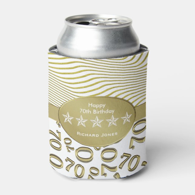 Personalize:  70th Birthday White and Gold Theme Can Cooler (Can Front)