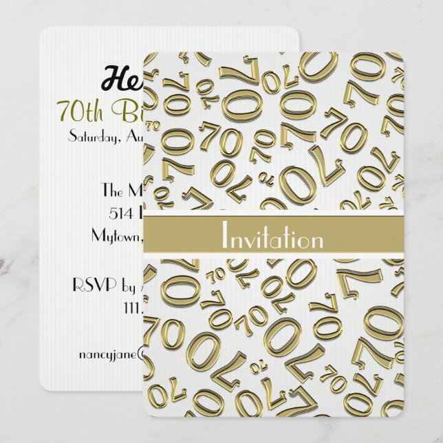 Personalize: 70th Gold and White Birthday Party Invitation (Front/Back)