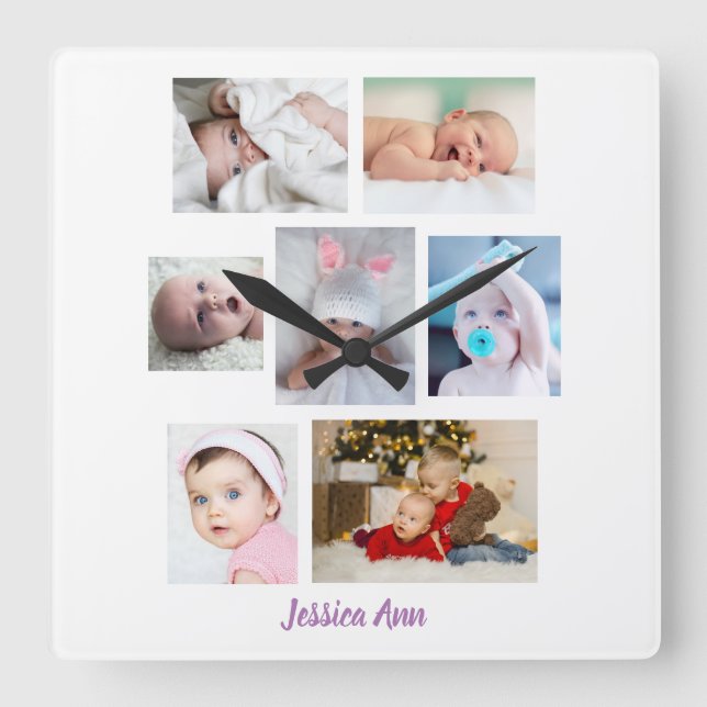 Personalize 7 Baby Photos & Name, White Square Wall Clock (Front)