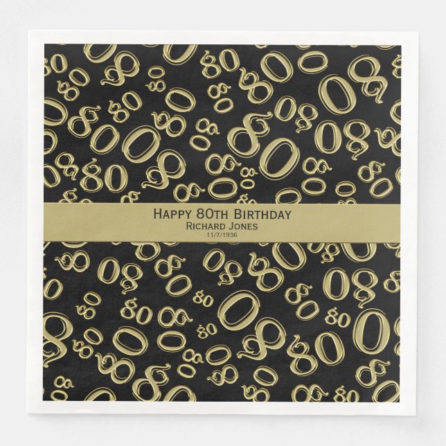 Personalize:  80th Black and Gold Birthday Party Paper Dinner Napkins (Front)