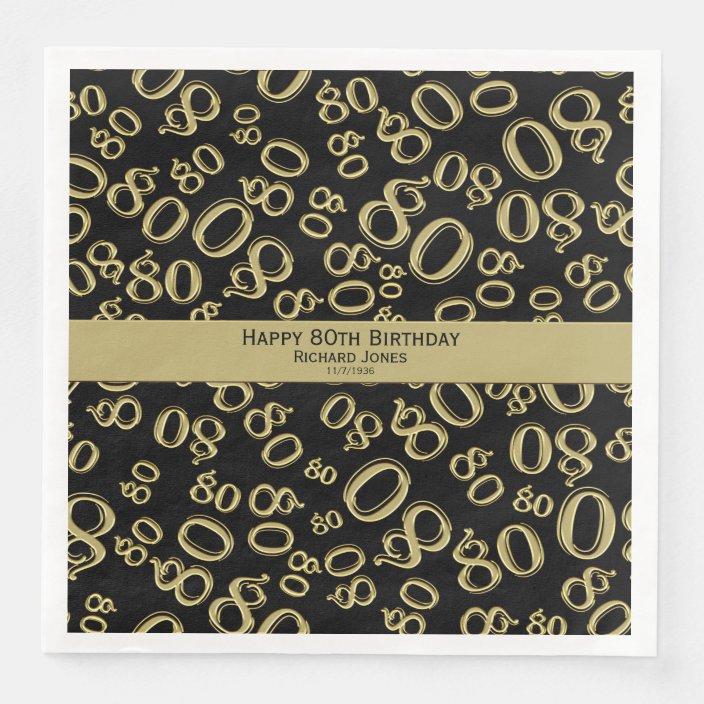 Personalize 80th Black and Gold Birthday Party Paper Dinner Napkins