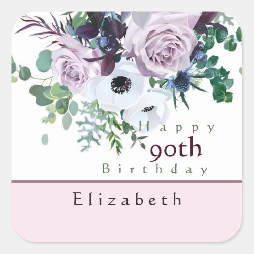 Personalize 90th Birthday Dusty Violet Rose   Square Sticker