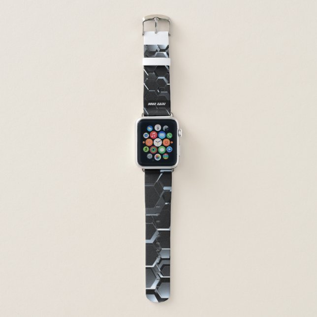 Personalize abstract hexagonal black white lines apple watch band (Front)