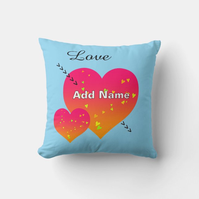 Personalize Add Name HEARTS Blue Throw Pillow (Front)