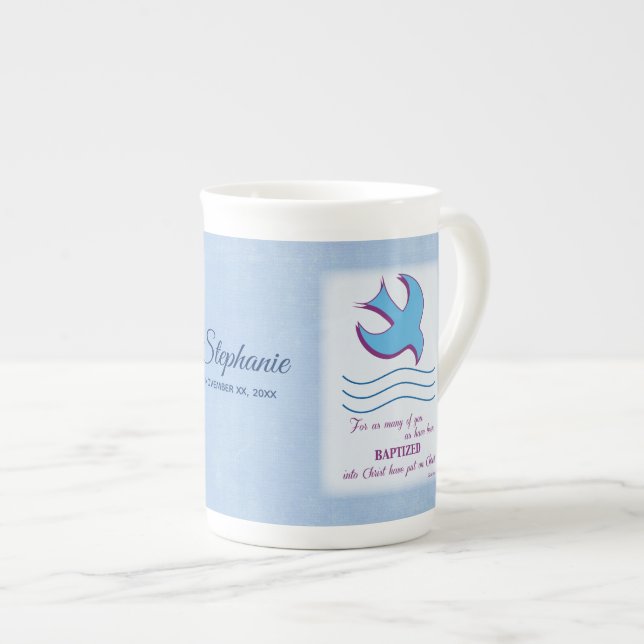 Personalize, Adult Baptism Dove on Blue Bone China Mug (Front Right)