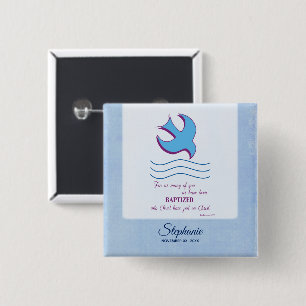 Personalize, Adult Baptism Dove on Blue Button