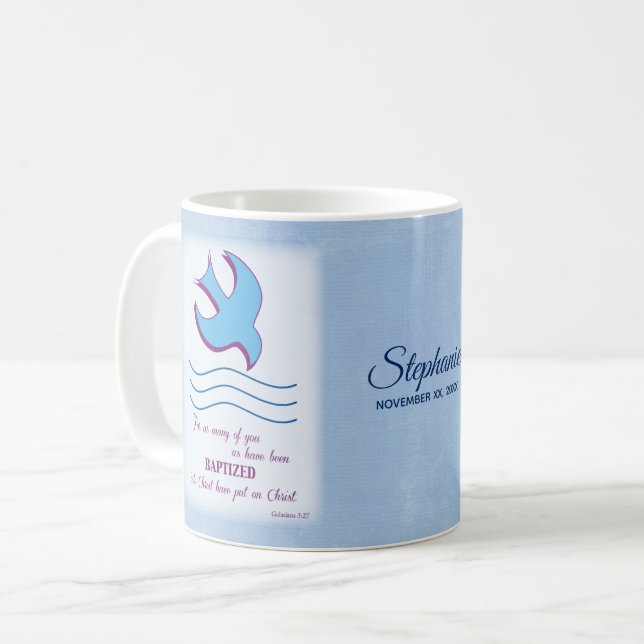Personalize, Adult Baptism Dove on Blue Coffee Mug (Front Left)