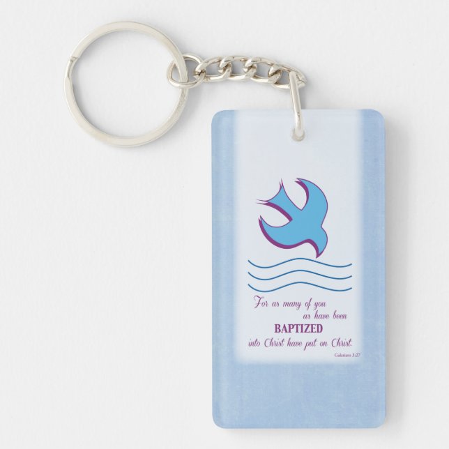 Personalize, Adult Baptism Dove on Blue Keychain (Front)
