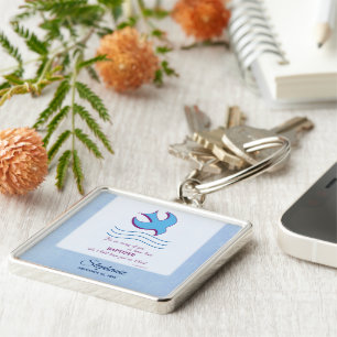 Personalize, Adult Baptism Dove on Blue Keychain
