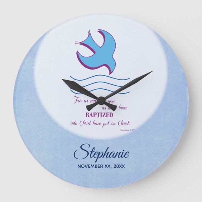 Personalize, Adult Baptism Dove on Blue Large Clock (Front)