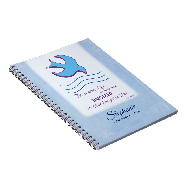 Personalize, Adult Baptism Dove on Blue Notebook (Right Side)