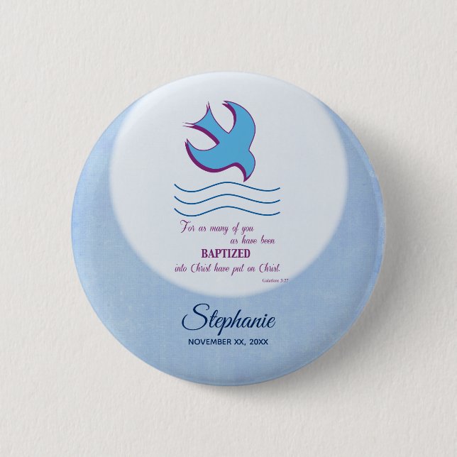 Personalize, Adult Baptism Dove on Blue Pinback Button (Front)