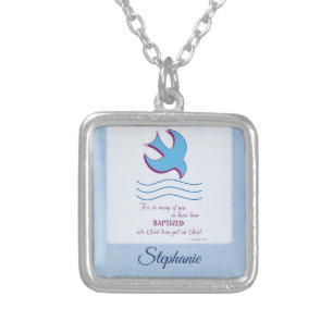 Personalize, Adult Baptism Dove on Blue Silver Plated Necklace