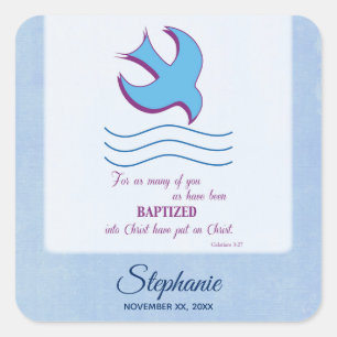 Personalize, Adult Baptism Dove on Blue Square Sticker
