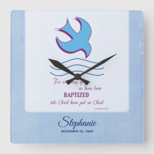Personalize, Adult Baptism Dove on Blue Square Wall Clock