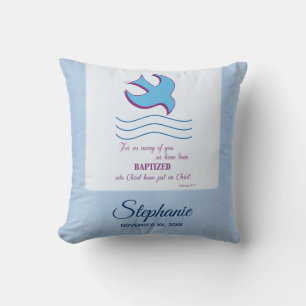 Personalize, Adult Baptism Dove on Blue Throw Pillow