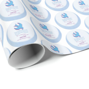 Personalize, Adult Baptism Dove on Blue Wrapping Paper