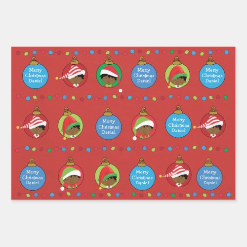 Personalize African American Boy Elf Wrapping Paper Sheets