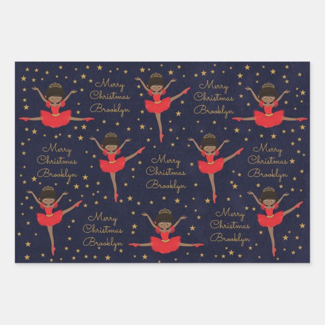 Personalize African American Christmas Ballerina Wrapping Paper Sheets (Front)