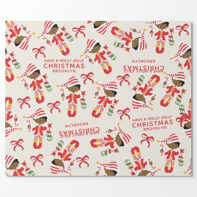 Personalize African American Christmas Elf Wrapping Paper (Flat)