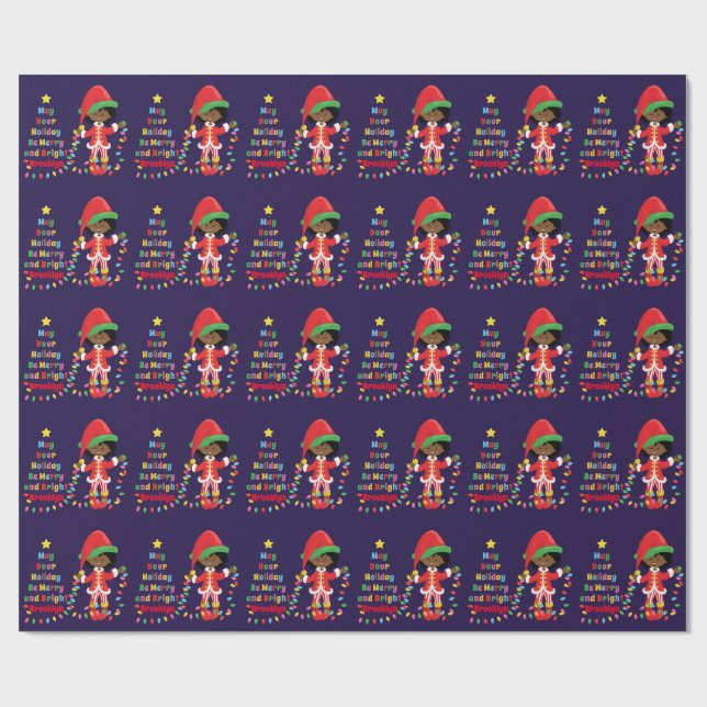 Personalize African American Girl Elf Wrapping Paper (Flat)
