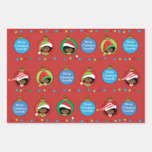 Personalize African American Girl Elf Wrapping Paper Sheets