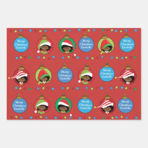 Personalize African American Girl Elf Wrapping Paper Sheets