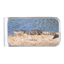 Personalize Alligator sunning at the lake Silver Finish Money Clip