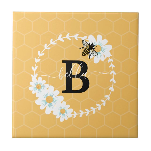 Personalize Alphabets Letters flowers and bee  Ceramic Tile (Front)