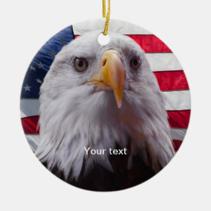 Personalize American Bald eagle and Flag Ceramic Ornament
