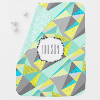 Personalize Aqua Blue Yellow Lime Triangle Pattern Baby Blanket