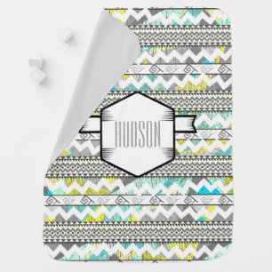 Personalize Aqua Yellow Abstract Aztec Triangle Baby Blanket