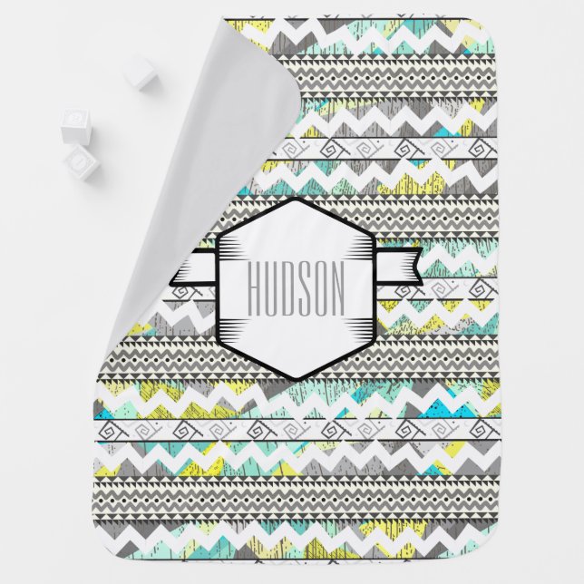 Personalize Aqua Yellow Abstract Aztec Triangle Baby Blanket (In Situ)