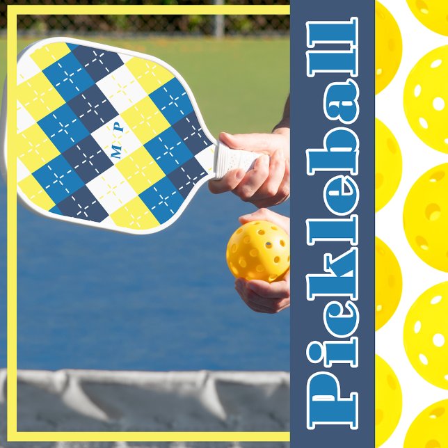 Personalize Argyle Preppy Blue Yellow White  Pickleball Paddle (Creator Uploaded)