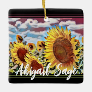 Personalize Artistic Field of Sunflowers Christmas Ceramic Ornament