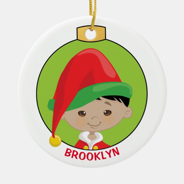 Personalize Asian Boy Elf Ceramic Ornament (Front)