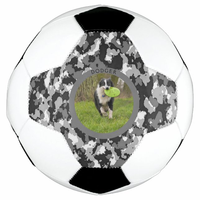 Personalize B & W Camo Dog Name Picture Play Soccer Ball (Front)