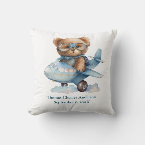 Personalize Baby Bear Airplane Nursery Decor  Throw Pillow