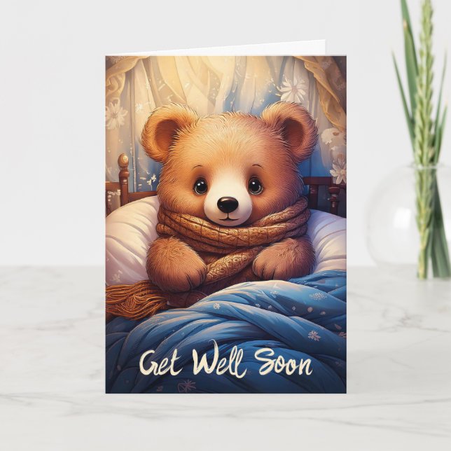 Personalize Baby Bear Sick in Bed Get Well Soon Card (Front)
